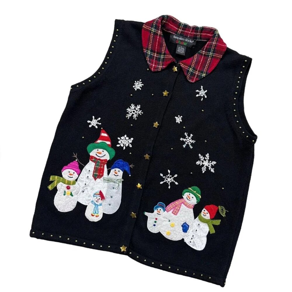Vintage Christmas Sweater Vest Size Large Black Red Plaid Snowman Kitschy 1990s
